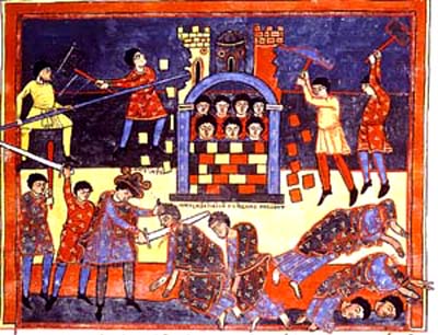 An image of the Antichrist cutting off the heads of Elias and Enoch